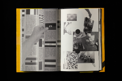 Open magazine on black background with black and white pages, orange cover, various images including flags and a hand