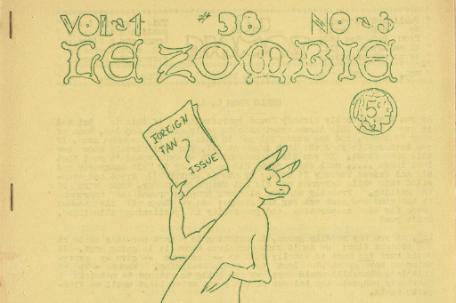 Detail of hand-stapled fanzine with green text, Le Zombie, and drawing of kangaroo holding a magazine, yellowed paper