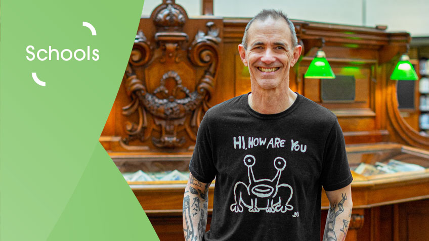 Smiling an in black shirt with text "Hi, how are you?" 