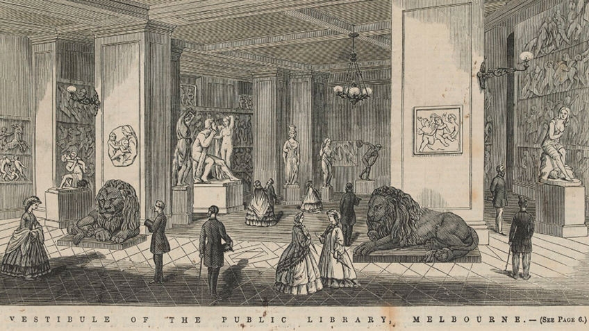 the Library's original foyer filled with statues