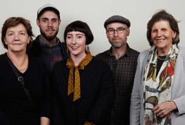 Colour photo of Patricia Cornelius, Eda Ritchie, Alexandra Macalister Bills, Dan Lee, Dan Giovannoni and Eda Ritchie, Chair of the RE Ross Trust