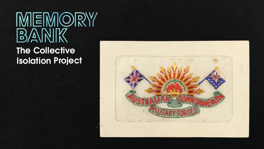 Old postcard embroidered with a military badge