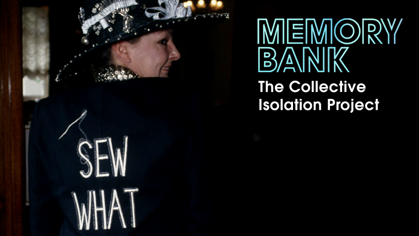 A smiling woman's back is turned to us, her jacket emblazoned with the words 'Sew what'