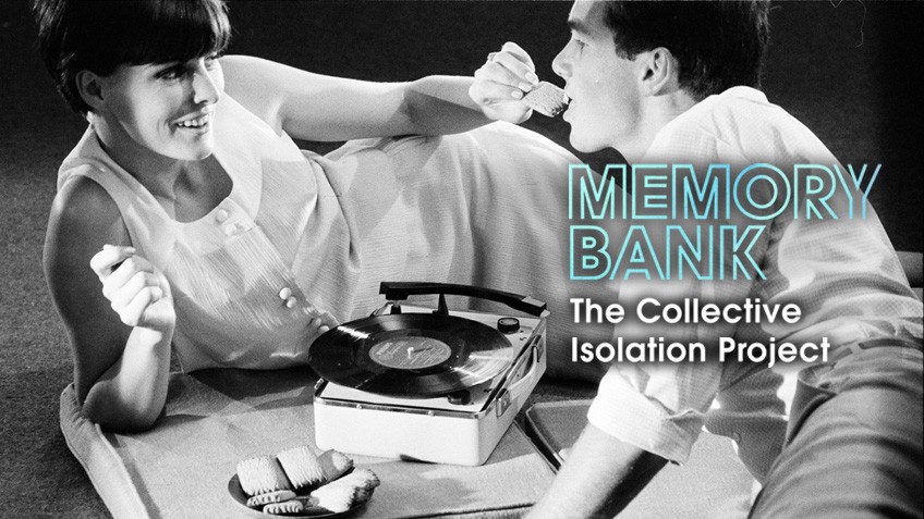 A woman feeds a man a cracker as they play records on a turntable
