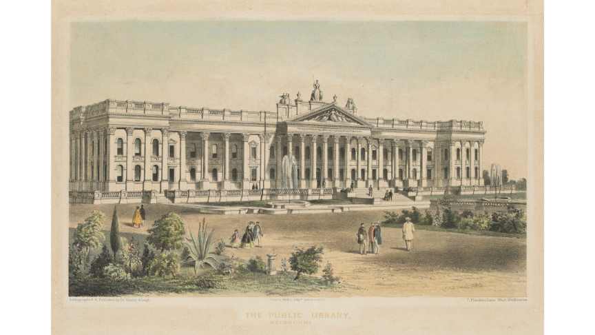 Lithograph showing facade of Melbourne's Public Library c.1858, featuring Joseph Reed's design for the whole facade with the two corner pavilions.
