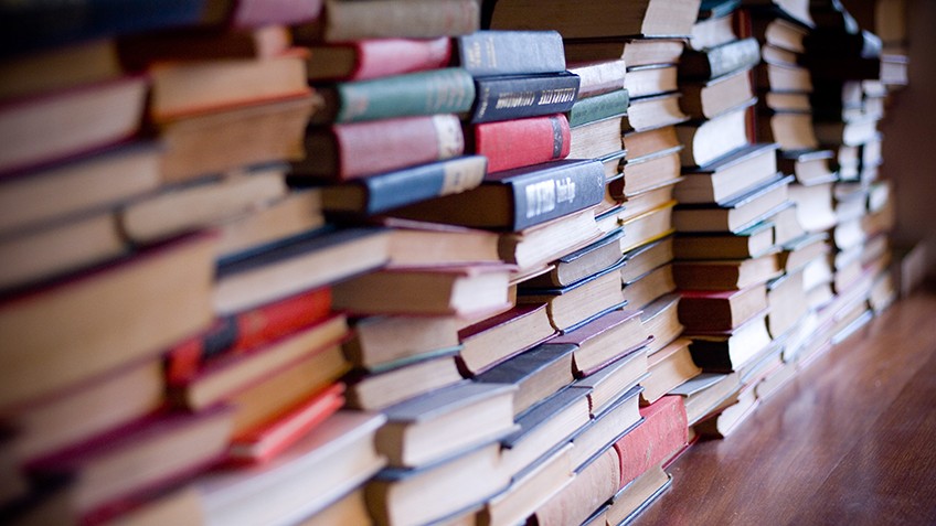 Photograph of piles of books